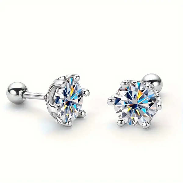 Platonic 0.5 - 1 ct Single Piece Round Radiant Sterling Silver Moissanite Stud Earrings for Men; GRA Certified; D VVS1; Screw Back