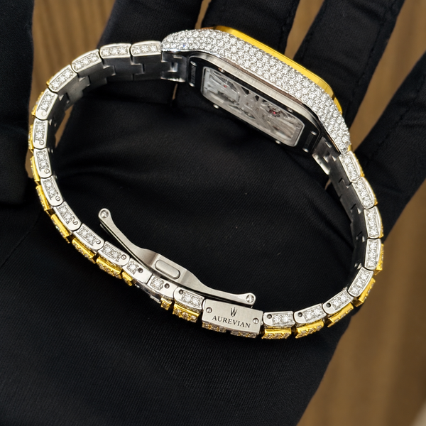 Aurevian Iced Out Two-Tone Skeleton Watch – VVS1 D-Color Moissanite Hip Hop Square Watch