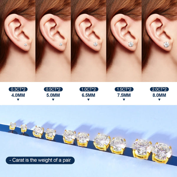 Platonic 18 K Gold Plated Golden Radiance Moissanite Stud Earrings; 1 - 6 ct, D VVS1