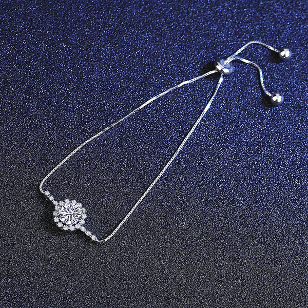 Platonic 1 ct Flower Pattern 925 Sterling Silver Adjustable Round Moissanite Bracelet