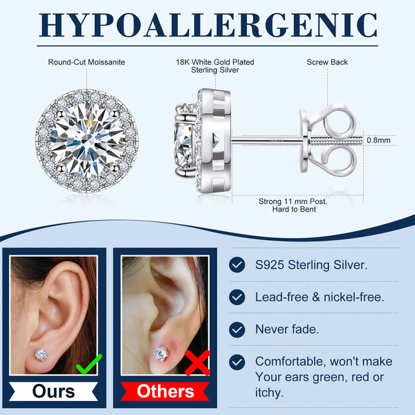 Platonic 18 K Gold Plated Round Halo Moissanite Stud Earrings; 1 - 6 ct / pair