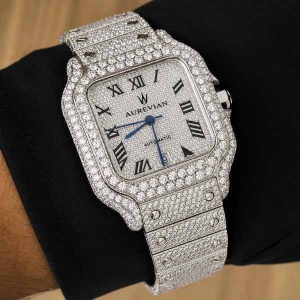 Platonic AUREVIAN automatic luxury square wristwatch with pavé-set stones on a stainless steel case and bracelet.
