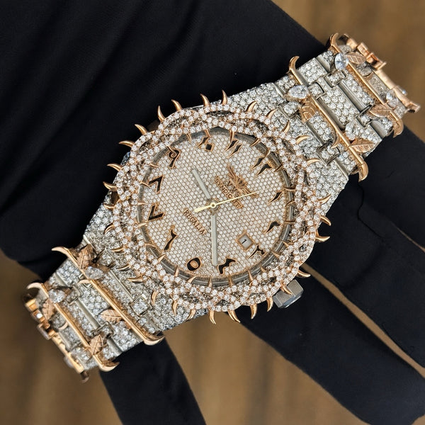 Platonic VVS Syndicate Regalia luxury wristwatch with rose gold crown of thorns bezel and diamond-encrusted bracelet.