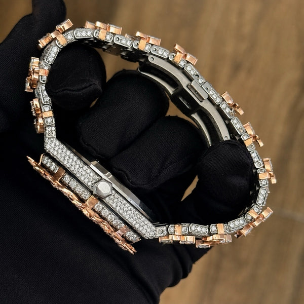 Platonic VVS Syndicate Regalia luxury wristwatch in rose gold and silver with diamond-encrusted links and bezel.