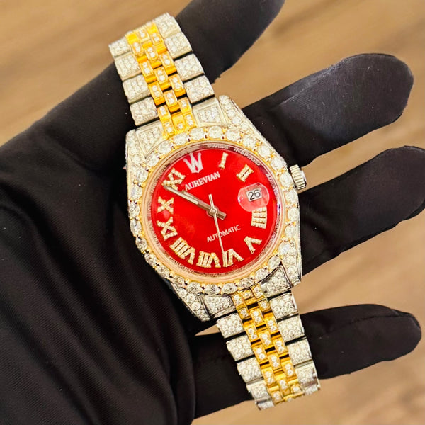 Aurevian Red Dial Fully Iced Out Moissanite Hip Hop Automatic Watch