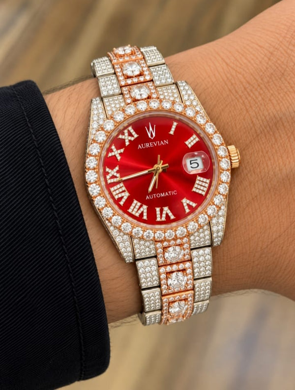 AUREVIAN Red Dial Fully Iced-Out Automatic Moissanite Luxury Watch