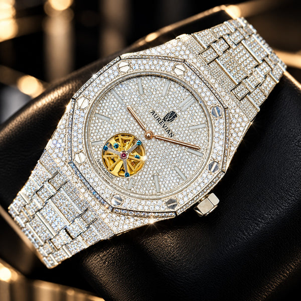AUREVIAN Fully Iced Out Moissanite Diamond Tourbillon Watch β Handmade Luxury Bust Down Watch | Swiss Made