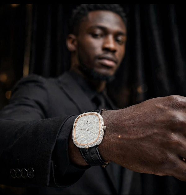 AUREVIAN Oval Pavé Diamond Watch — VVS1 D Color Moissanite | Black Crocodile Leather Strap | Luxury Edition