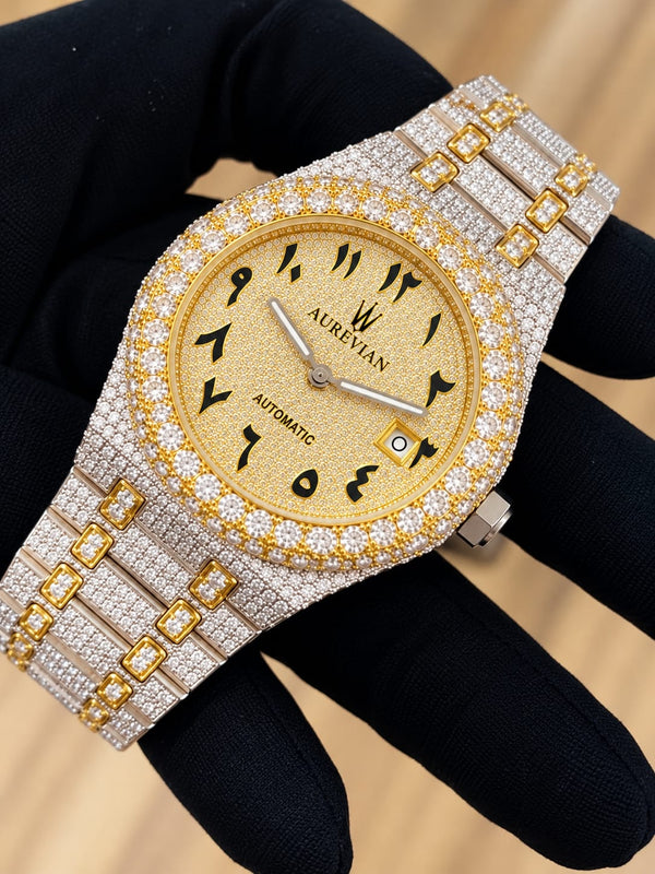 AUREVIAN Luxury Fully Iced-Out Automatic Men’s Watch – Gold & Silver Moissanite Finish