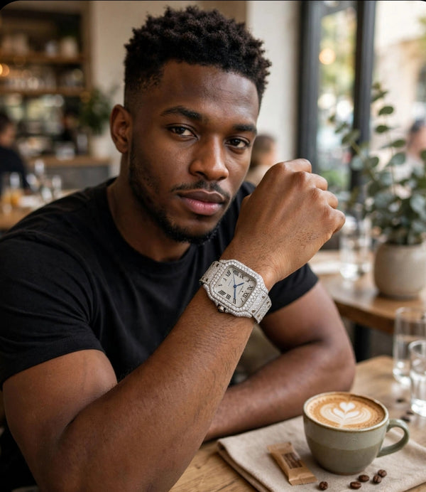 AUREVIAN Santos Bust Down - Fully Iced Out Automatic Watch | Silver Roman Dial with Date