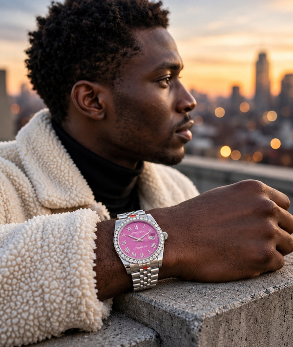AUREVIAN DateJust - Royal Pink Diamond Automatic Watch for Man | Roman Dial | Silver Jubilee Bracelet