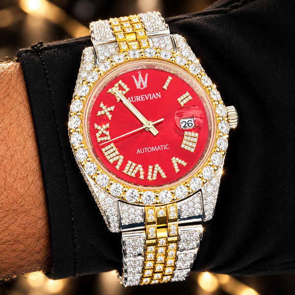AUREVIAN Luxury Red Dial Iced Out Moissanite Men's Watch β Gold & Silver Automatic Edition