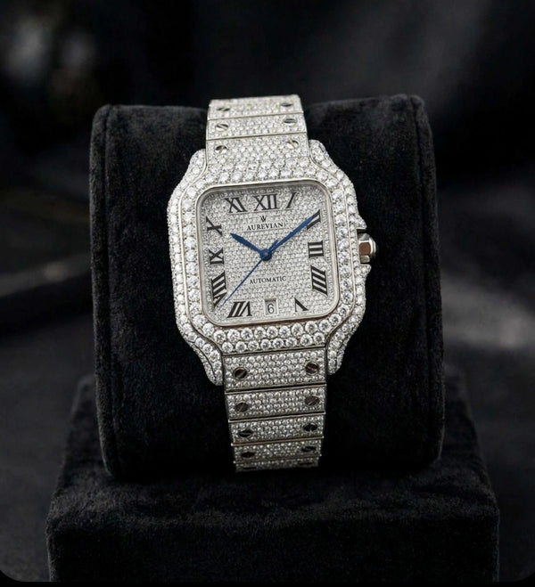 AUREVIAN Santos Bust Down - Fully Iced Out Automatic Watch | Silver Roman Dial with Date