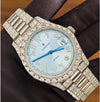 AUREVIAN Luxury Silver Moissanite Diamond Watch – Ice Blue Dial, Automatic Movement & Bust Down Design