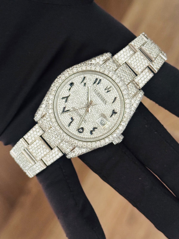 AUREVIAN Iced Out Arabic Dial Watch - Fully Diamond Studded Automatic Luxury Watch