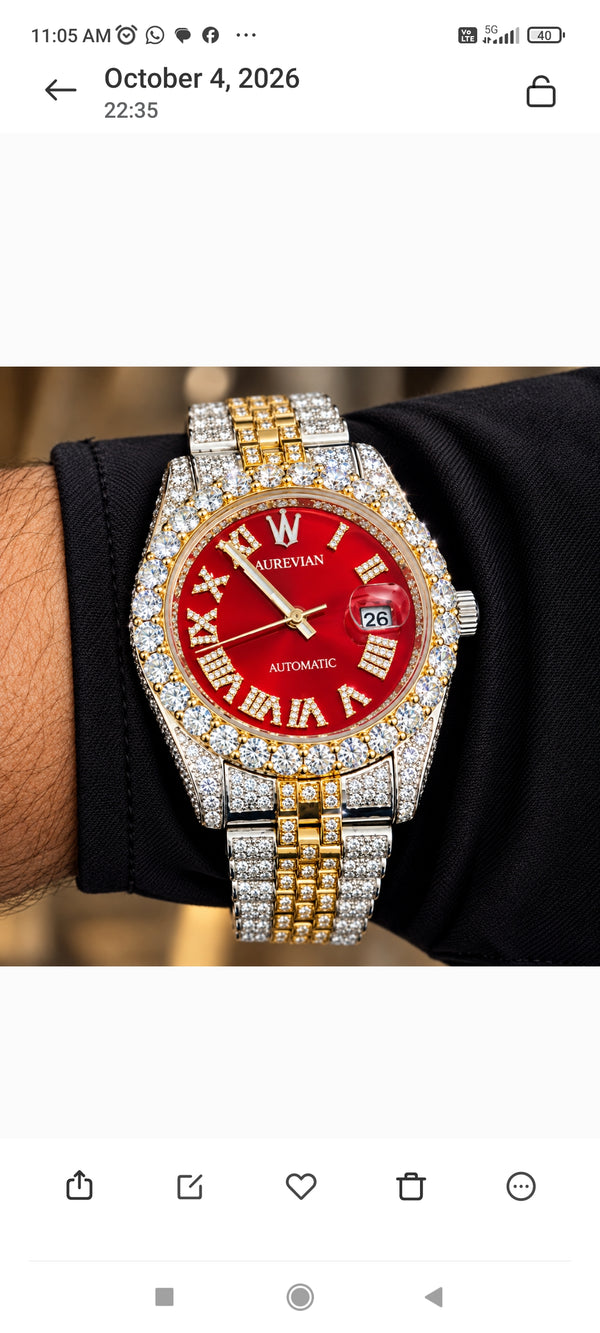 Aurevian Red Dial Fully Iced Out Moissanite Hip Hop Automatic Watch