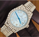 AUREVIAN Luxury Silver Moissanite Diamond Watch – Ice Blue Dial, Automatic Movement & Bust Down Design