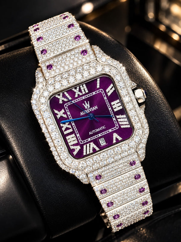 AUREVIAN Bustdown Automatic Men's Watch - Fully Iced Out Moissanite Purple Dial Handmade Luxury Watch