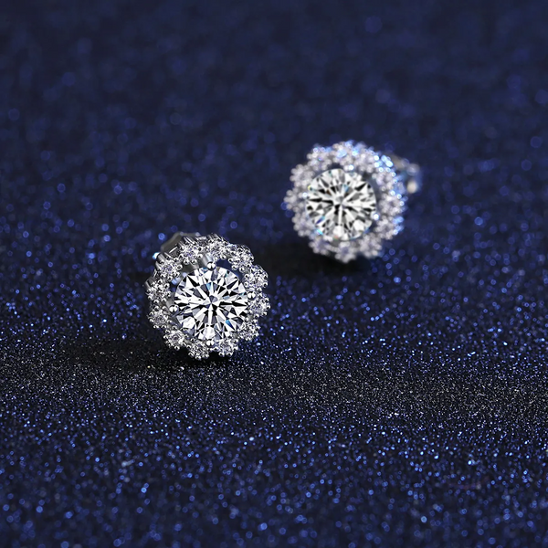 Platonic GRA Certified Frosted Halo Round Cut Silver 1ct Moissanite Pendant Set with 1ct Earrings