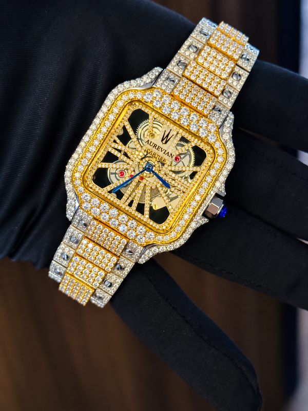 Aurevian Iced Out Two-Tone Skeleton Watch – VVS1 D-Color Moissanite Hip Hop Square Watch