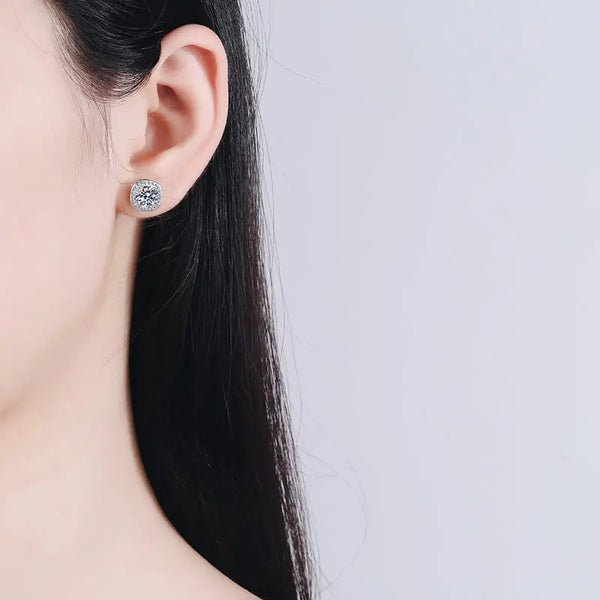 Platonic 2 ct / pair Starlight Squared Halo Bliss Solitaire Studs Moissanite Earrings; Sterling Silver; GRA Certified; D VVS1