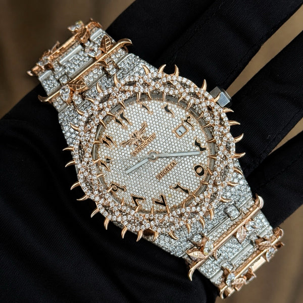Platonic VVS SYNDICATE Regalia luxury wristwatch with rose gold thorn bezel and diamond-encrusted dial and bracelet.