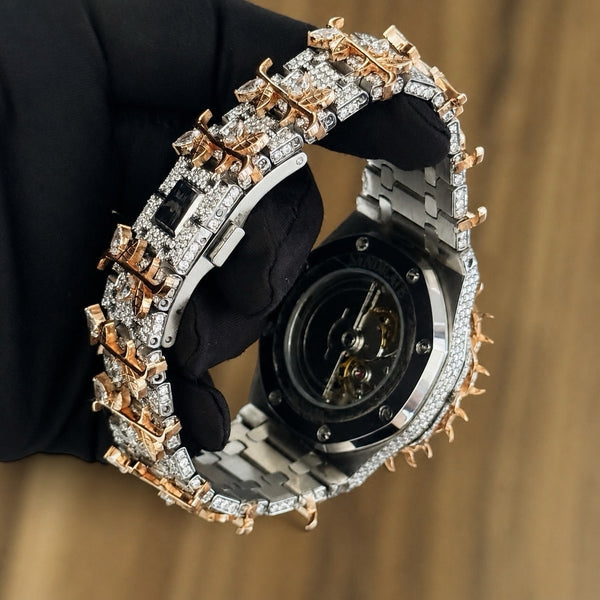 Platonic VVS SYNDICATE Regalia luxury watch with rose gold crown of thorns bezel and diamond-encrusted bracelet