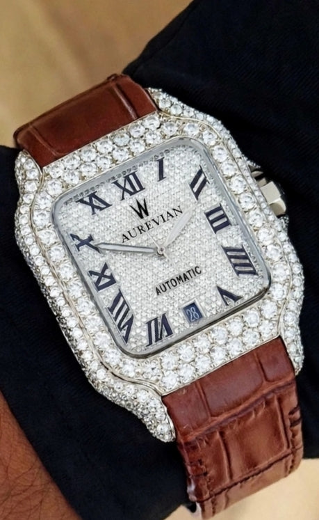 Aurevian Luxury Moissanite Automatic Watch – Iced-Out Diamond Case with Premium Brown Leather Strap