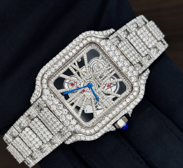 Luxury Silver Iced-Out Skeleton Automatic Men’s Watch – Blue Hands & Full Diamond-Style Bracelet