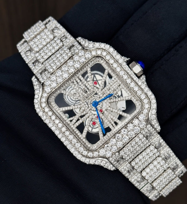 Luxury Silver Iced-Out Skeleton Automatic Men’s Watch – Blue Hands & Full Diamond-Style Bracelet