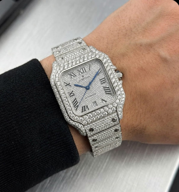 AUREVIAN Santos Bust Down - Fully Iced Out Automatic Watch | Silver Roman Dial with Date
