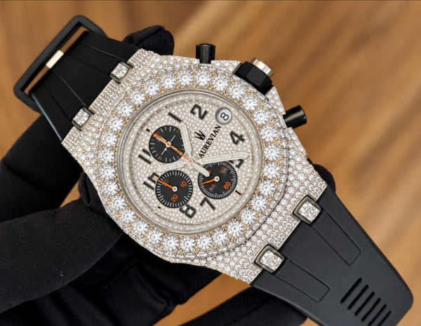 AUREVIAN Luxury Black & Silver Iced-Out Moissanite Chronograph Men's Watch