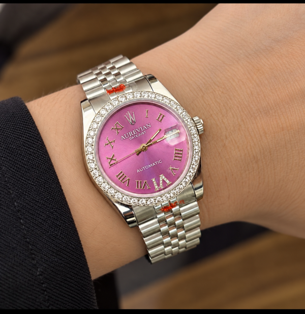 AUREVIAN DateJust - Royal Pink Diamond Automatic Watch for Man | Roman Dial | Silver Jubilee Bracelet