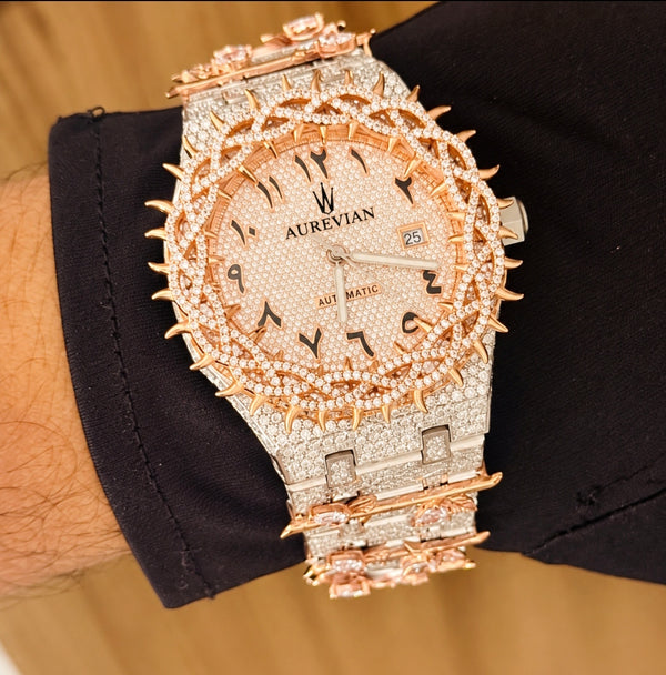 AUREVIAN Fully Bustdown Moissanite Automatic Luxury Watch – Rose Gold