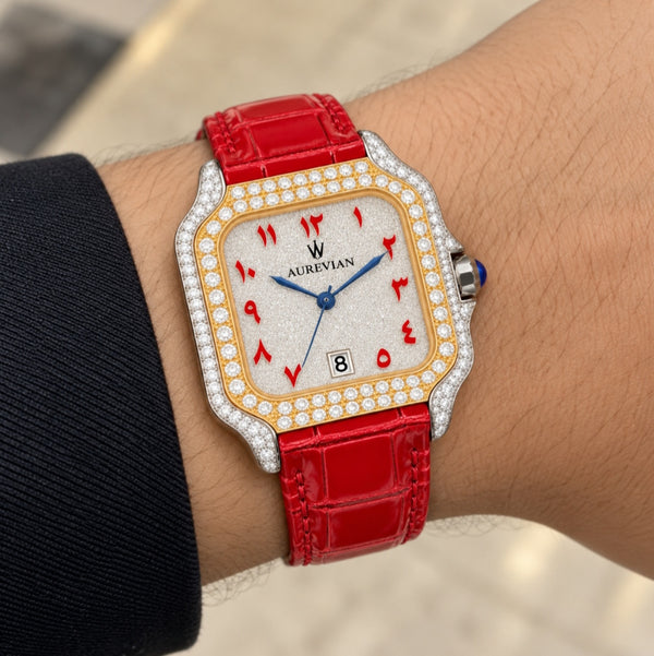 Aurevian Luxury Red Moissanite Watch – Iced-Out Automatic Timepiece