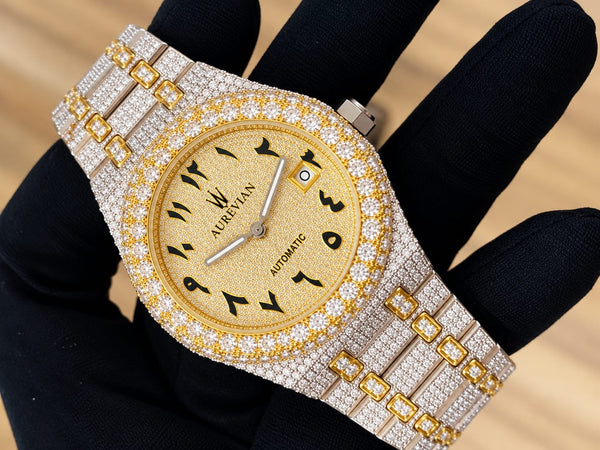 AUREVIAN Luxury Fully Iced-Out Automatic Men’s Watch – Gold & Silver Moissanite Finish