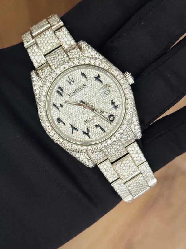 AUREVIAN Iced Out Arabic Dial Watch - Fully Diamond Studded Automatic Luxury Watch