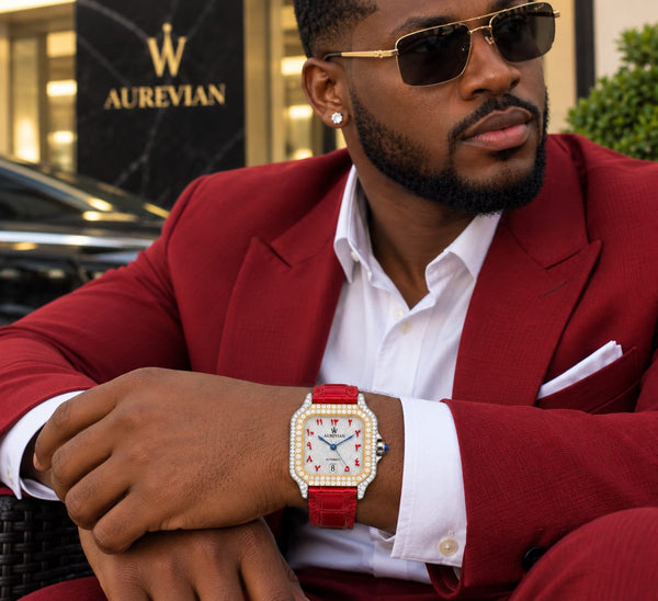Aurevian Luxury Red Moissanite Watch – Iced-Out Automatic Timepiece