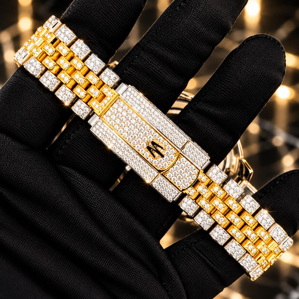 AUREVIAN Luxury Red Dial Iced Out Moissanite Men's Watch – Gold & Silver Automatic Edition