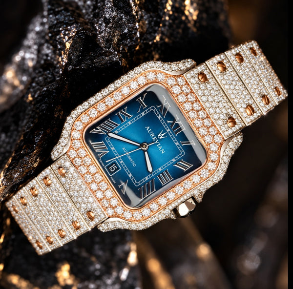 Aurevian Luxury Iced-Out Blue Dial Automatic Watch | VVS1 D Color Moissanite | Rose Gold Finish