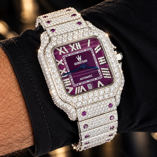 AUREVIAN Bustdown Automatic Men's Watch - Fully Iced Out Moissanite Purple Dial Handmade Luxury Watch