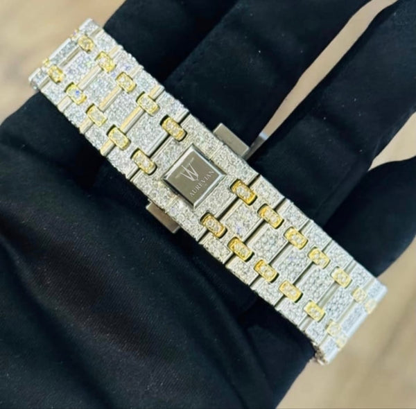 AUREVIAN Luxury Fully Iced-Out Automatic Men’s Watch – Gold & Silver Moissanite Finish