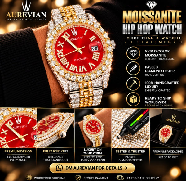Aurevian Red Dial Fully Iced Out Moissanite Hip Hop Automatic Watch