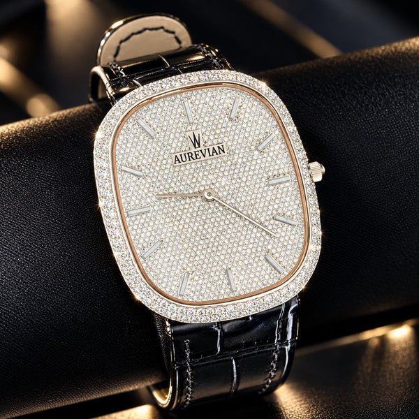 AUREVIAN Oval Pavé Diamond Watch — VVS1 D Color Moissanite | Black Crocodile Leather Strap | Luxury Edition