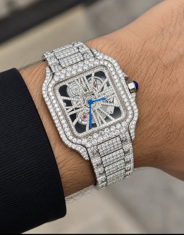 Luxury Silver Iced-Out Skeleton Automatic Men’s Watch – Blue Hands & Full Diamond-Style Bracelet