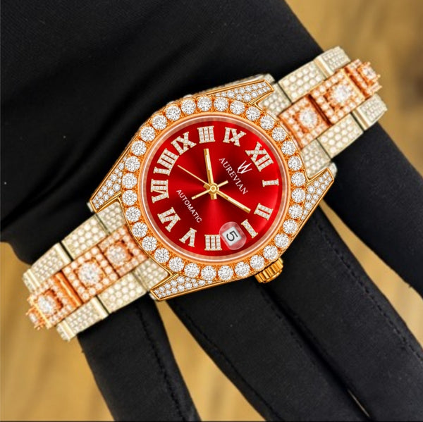 AUREVIAN Red Dial Fully Iced-Out Automatic Moissanite Luxury Watch