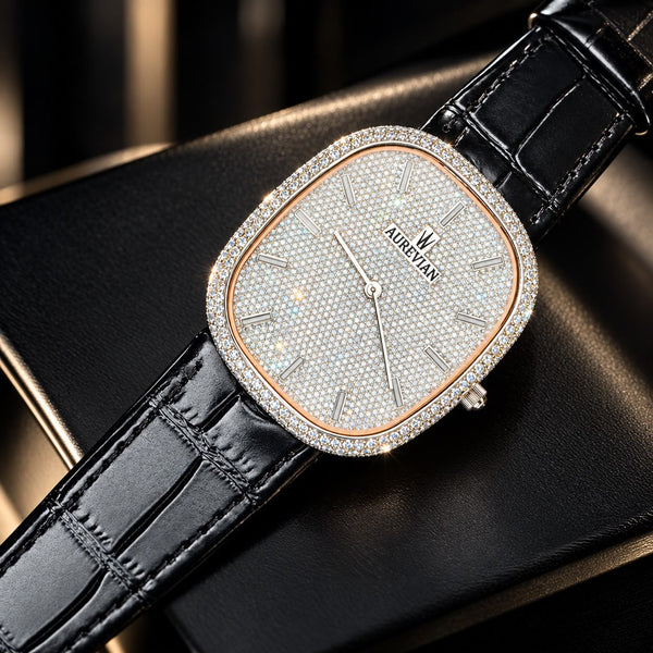 AUREVIAN Oval Pavé Diamond Watch — VVS1 D Color Moissanite | Black Crocodile Leather Strap | Luxury Edition