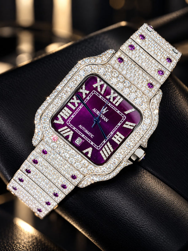 AUREVIAN Bustdown Automatic Men's Watch - Fully Iced Out Moissanite Purple Dial Handmade Luxury Watch