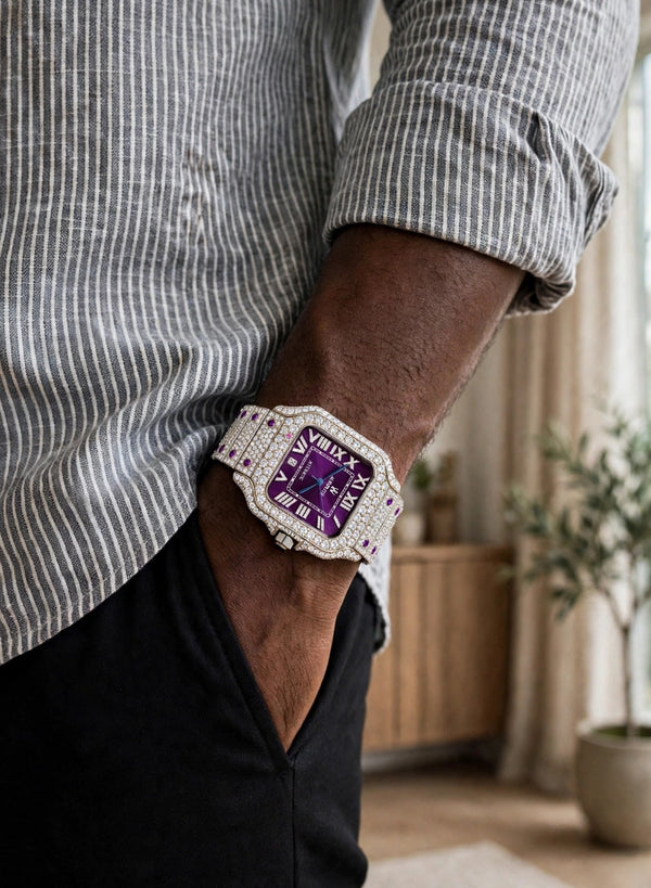 AUREVIAN Bustdown Automatic Men's Watch - Fully Iced Out Moissanite Purple Dial Handmade Luxury Watch