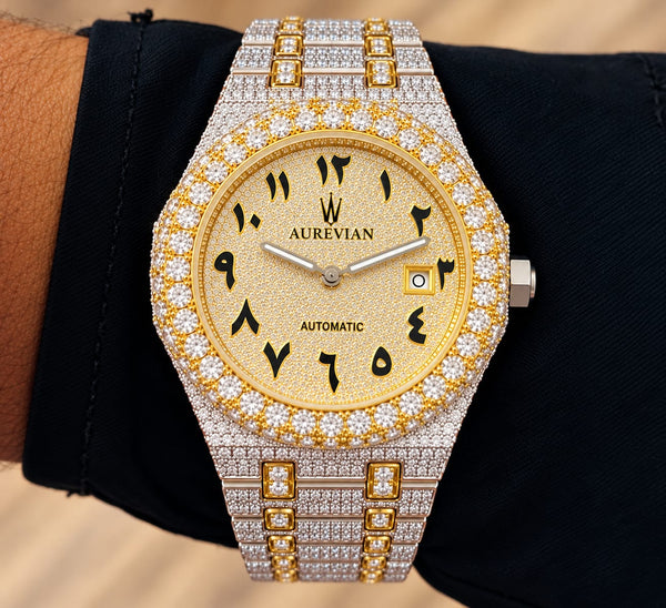 AUREVIAN Luxury Fully Iced-Out Automatic Men’s Watch – Gold & Silver Moissanite Finish